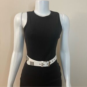 White PU leather silver tone studded belt
